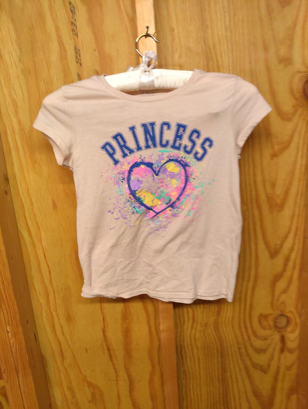 The Childrens Place Girls L 10-12 Beige Princess Paint Splatter Heart T-Shirt Te